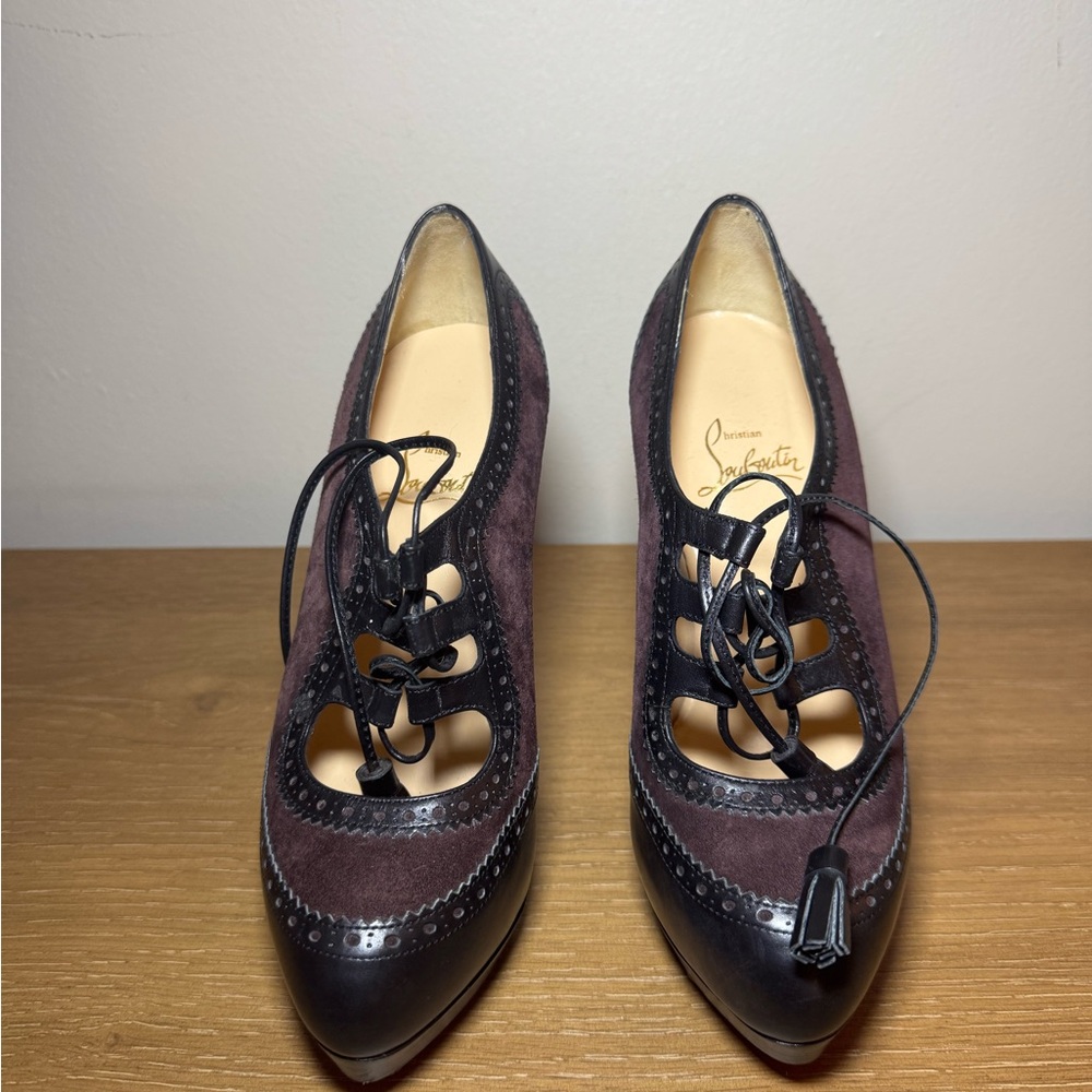 Christian Louboutin Lace-Up Suede & Leather Oxford Platform Heels | Size 5.5